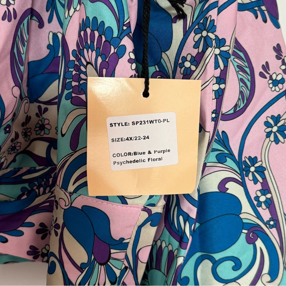 Smak Parlour Plus Size Blue & Purple Psychedelic Floral Belva Crop Blouse - Picture 3 of 5